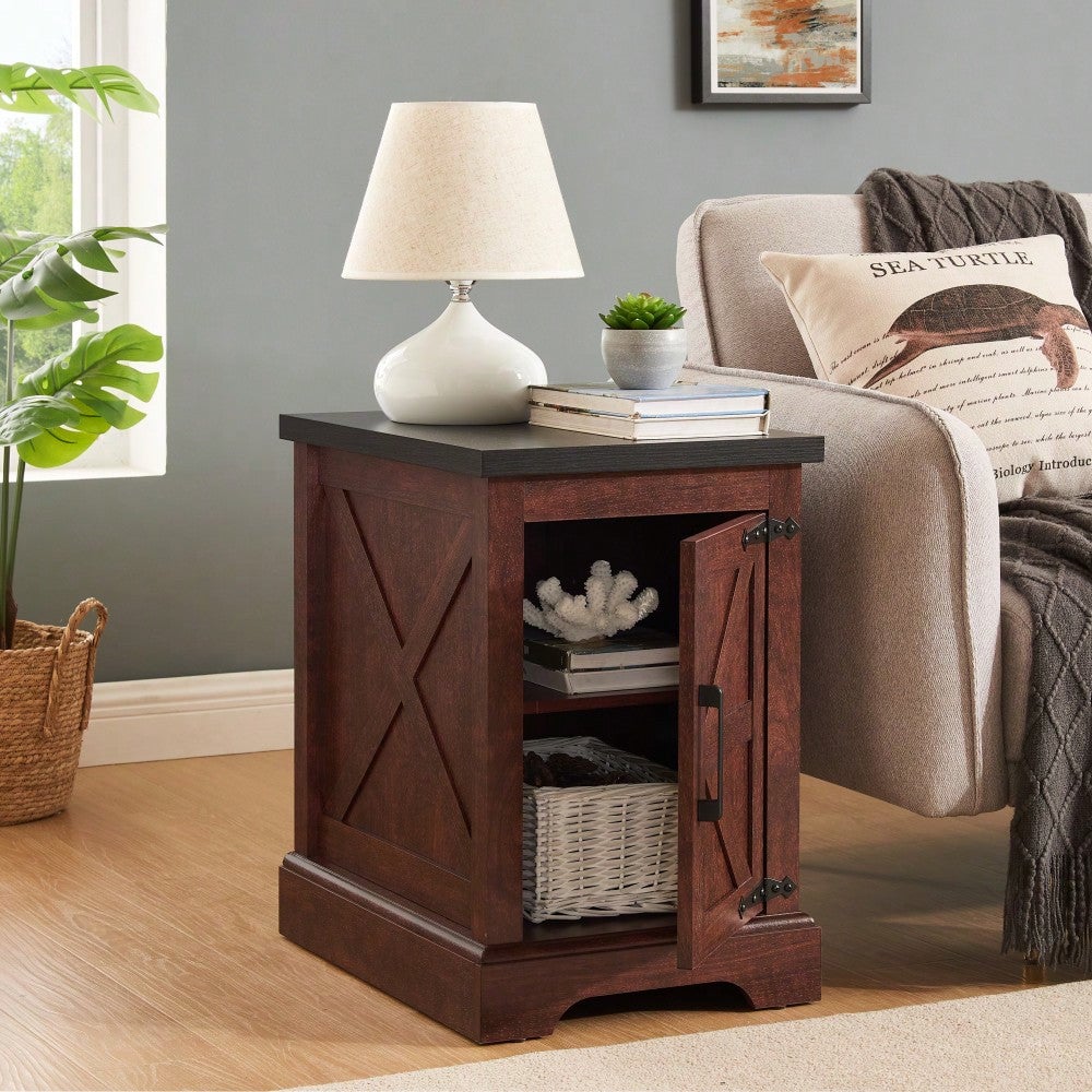 Rustic Rectangular End Table With Barn Door and Adjustable Shelf - Farmhouse Style Nightstand For Living Room and Image 6