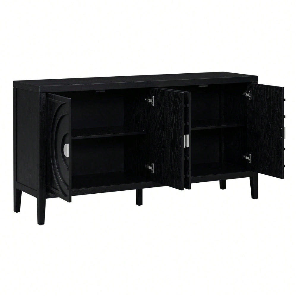 Retro Sideboard With Circular Groove Design, Round Metal Door Handle For Entrance, Dinning Room, Living Room Image 2