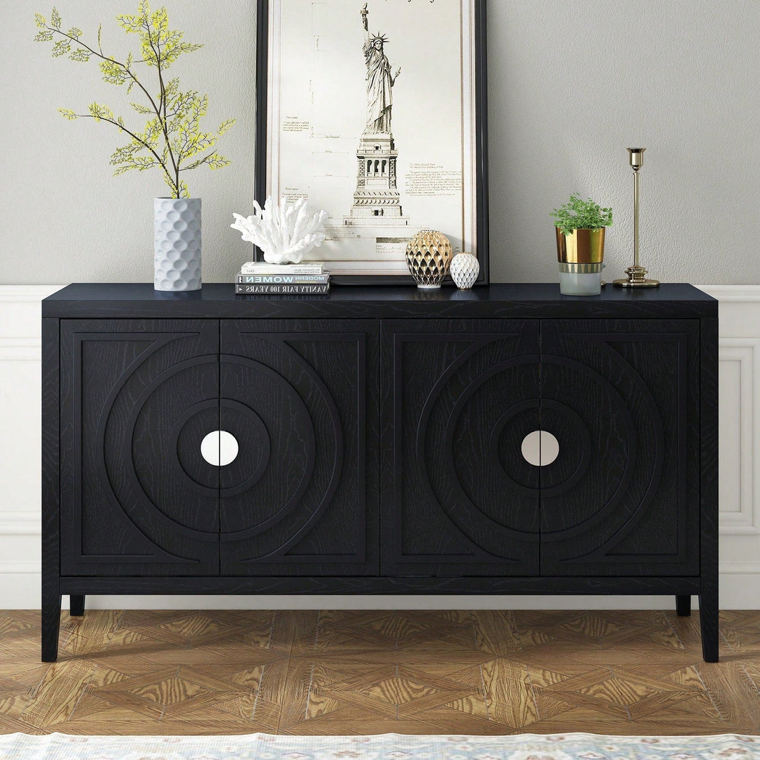 Retro Sideboard With Circular Groove Design, Round Metal Door Handle For Entrance, Dinning Room, Living Room Image 5