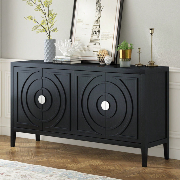 Retro Sideboard With Circular Groove Design, Round Metal Door Handle For Entrance, Dinning Room, Living Room Image 6