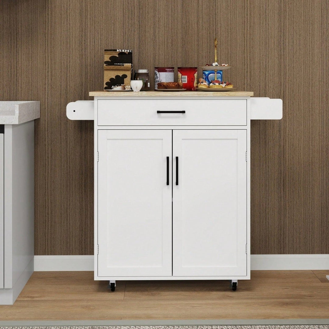 Rolling Kitchen Island Cart with Drawer and Doors Adjustable Shelves Towel and Seasoning Racks Rubber Wood Top Image 1