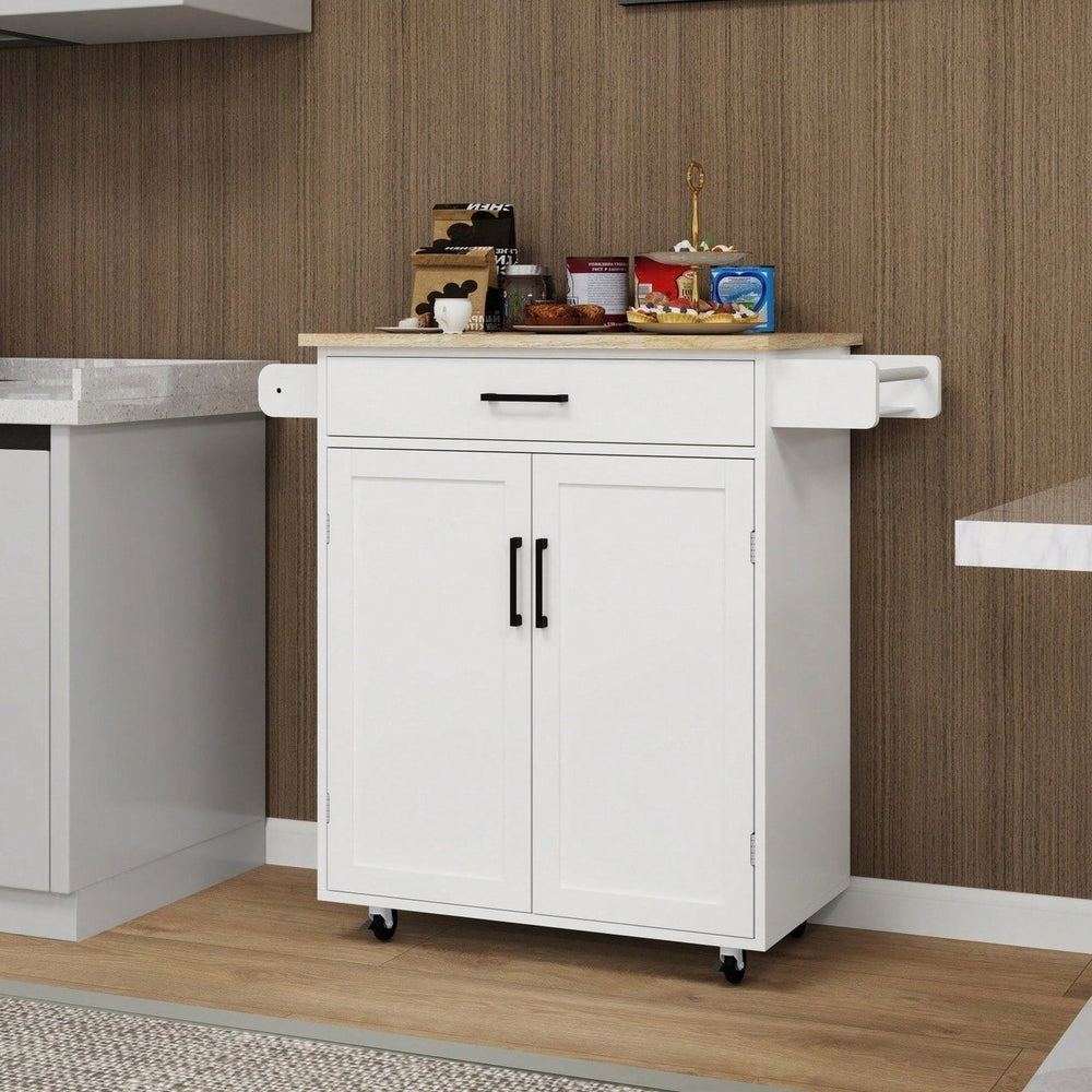 Rolling Kitchen Island Cart with Drawer and Doors Adjustable Shelves Towel and Seasoning Racks Rubber Wood Top Image 2