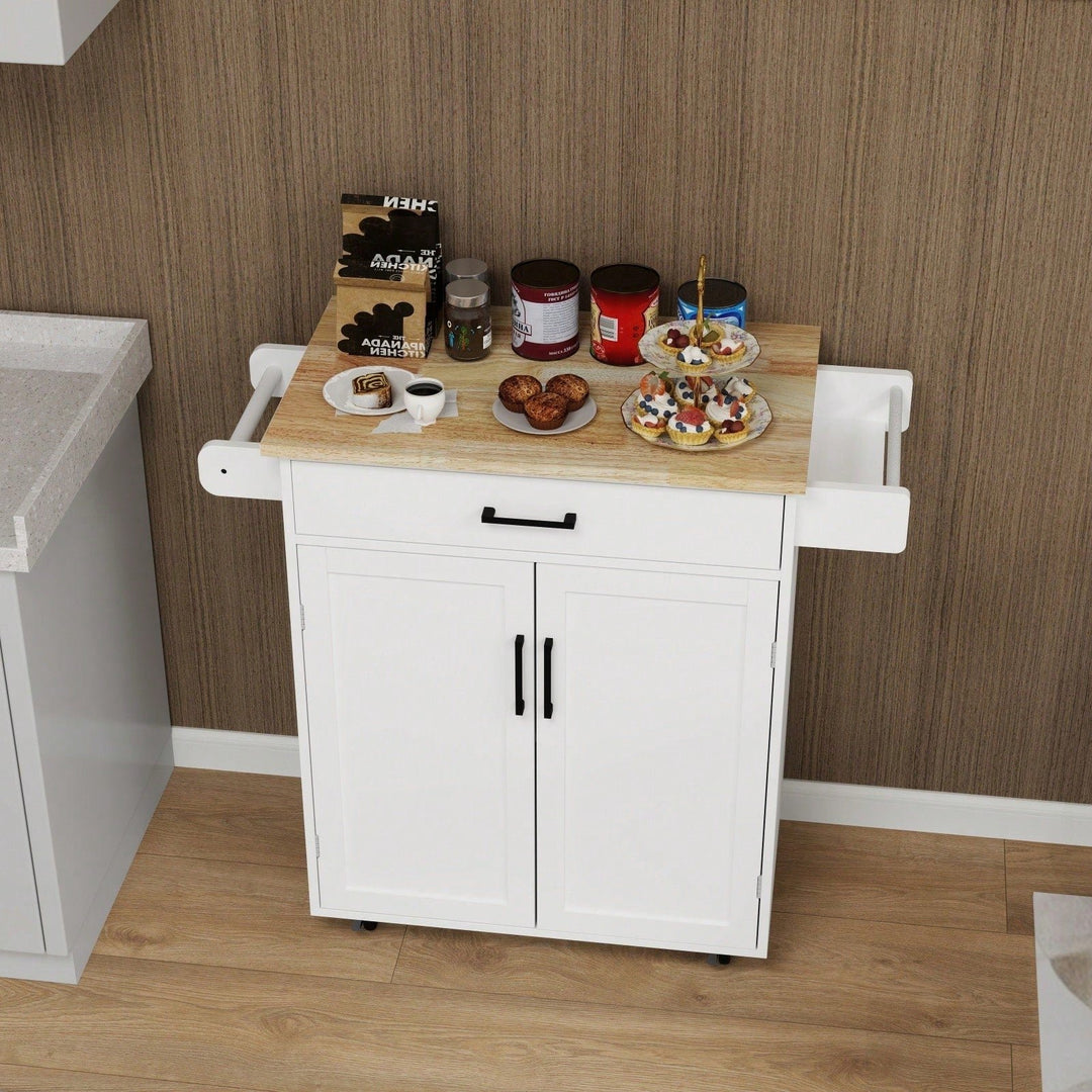 Rolling Kitchen Island Cart with Drawer and Doors Adjustable Shelves Towel and Seasoning Racks Rubber Wood Top Image 3