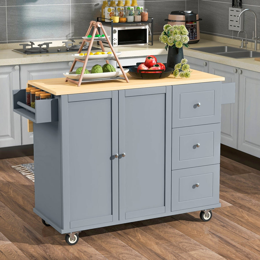 Rolling Mobile Kitchen Island with Solid Wood Top, 52.7 Width, Locking Wheels, Storage Cabinet, Drop Leaf Breakfast Bar Image 1