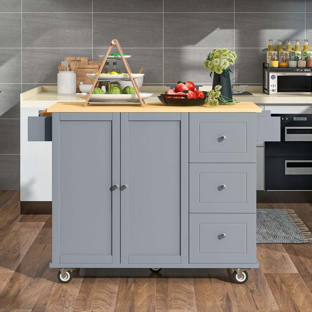 Rolling Mobile Kitchen Island with Solid Wood Top, 52.7 Width, Locking Wheels, Storage Cabinet, Drop Leaf Breakfast Bar Image 2