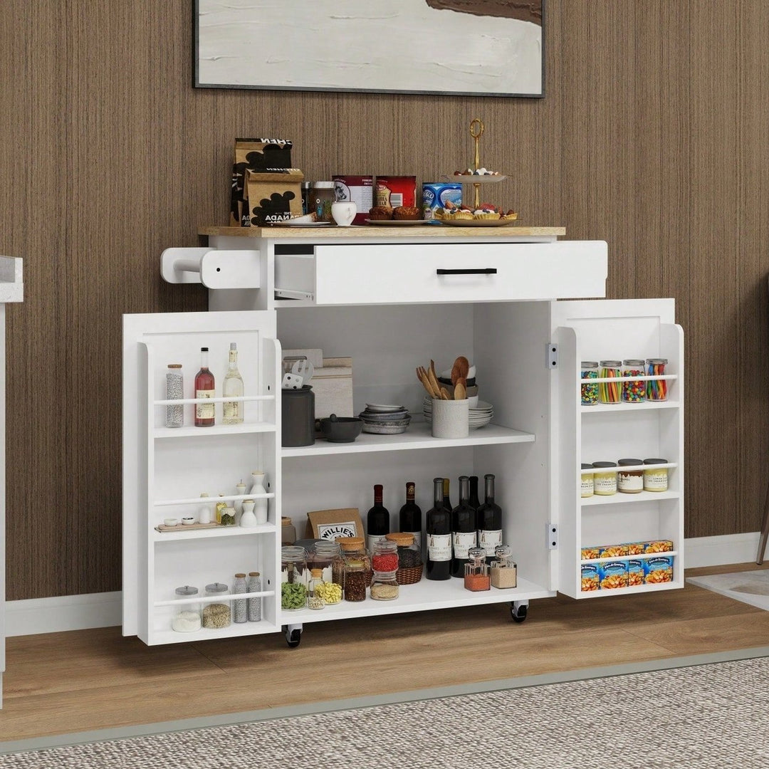 Rolling Kitchen Island Cart with Drawer and Doors Adjustable Shelves Towel and Seasoning Racks Rubber Wood Top Image 5