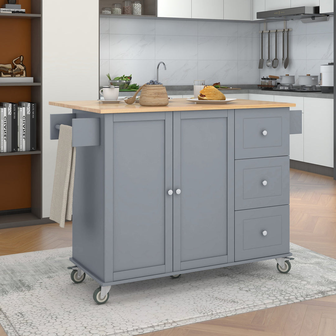 Rolling Mobile Kitchen Island with Solid Wood Top, 52.7 Width, Locking Wheels, Storage Cabinet, Drop Leaf Breakfast Bar Image 3