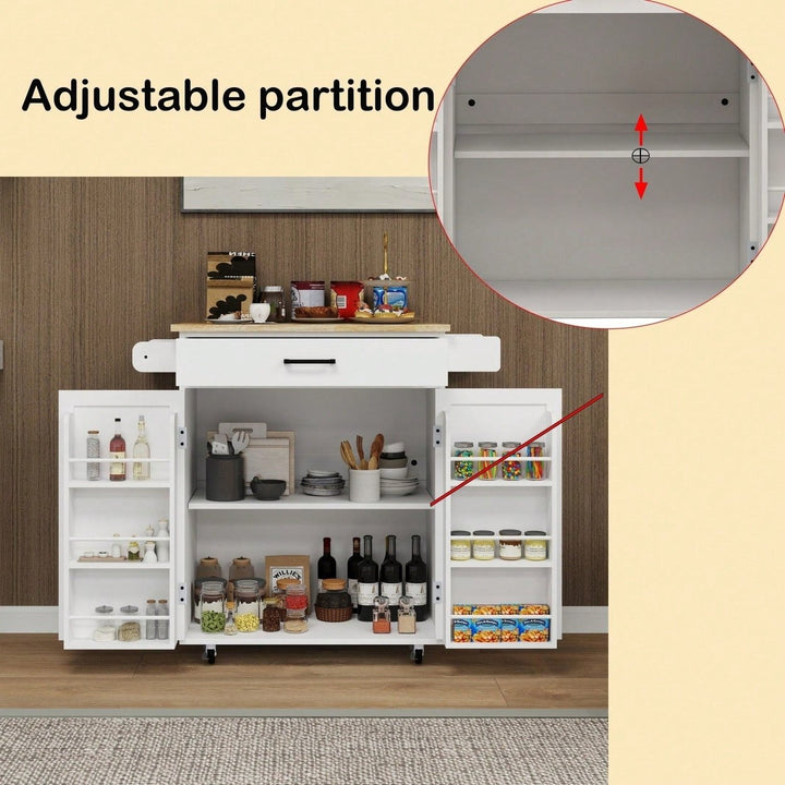 Rolling Kitchen Island Cart with Drawer and Doors Adjustable Shelves Towel and Seasoning Racks Rubber Wood Top Image 7