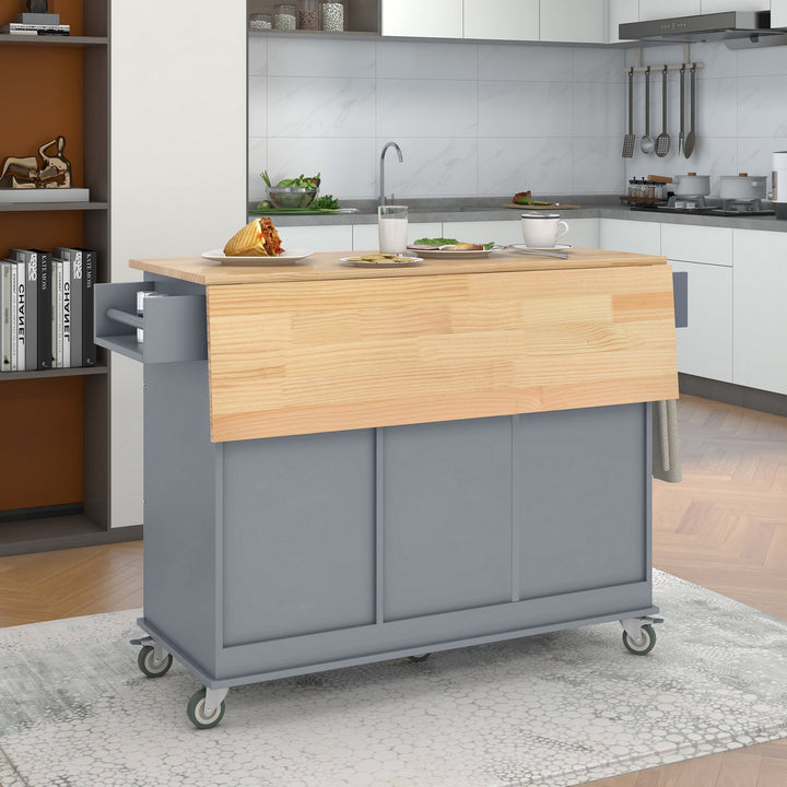 Rolling Mobile Kitchen Island with Solid Wood Top, 52.7 Width, Locking Wheels, Storage Cabinet, Drop Leaf Breakfast Bar Image 5