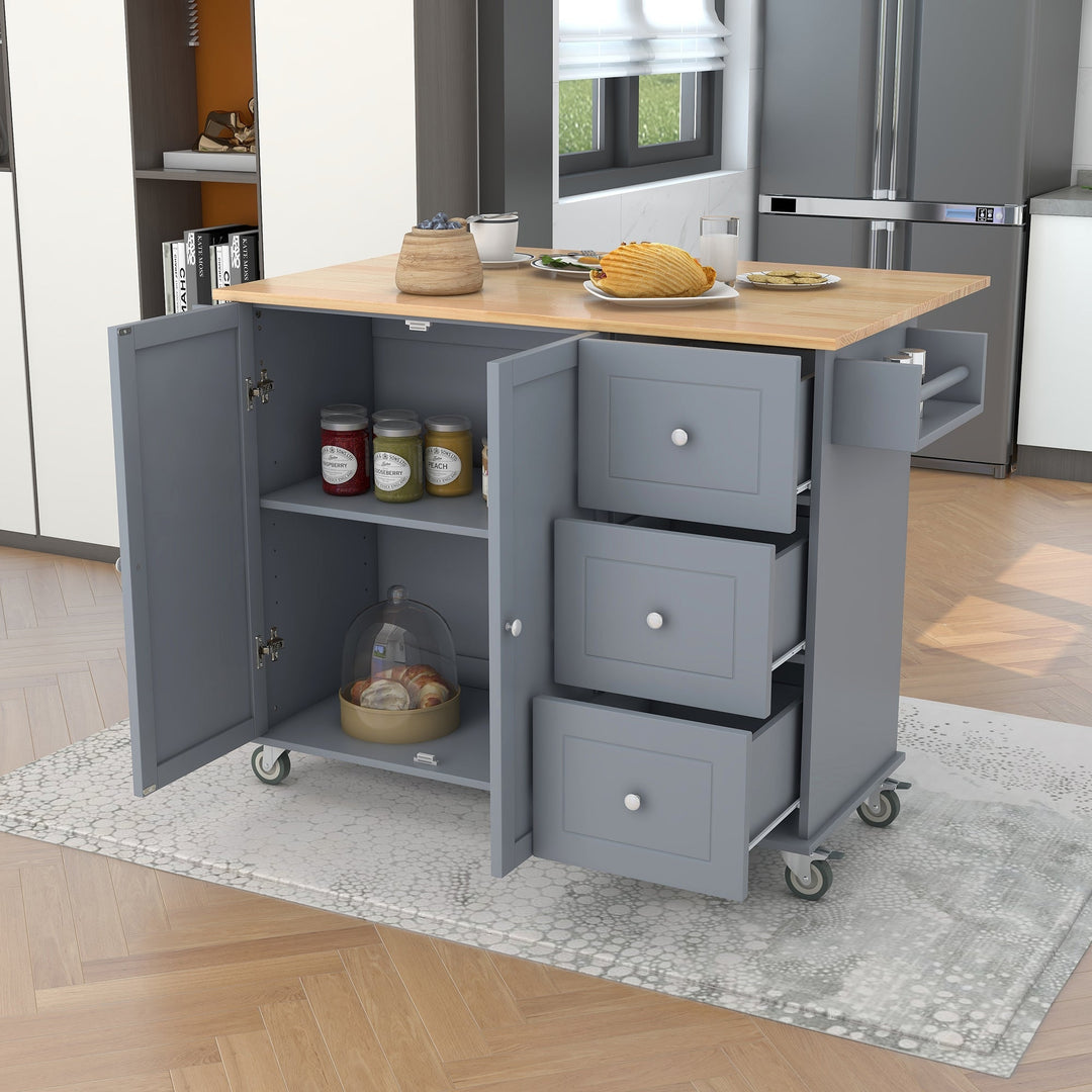 Rolling Mobile Kitchen Island with Solid Wood Top, 52.7 Width, Locking Wheels, Storage Cabinet, Drop Leaf Breakfast Bar Image 6