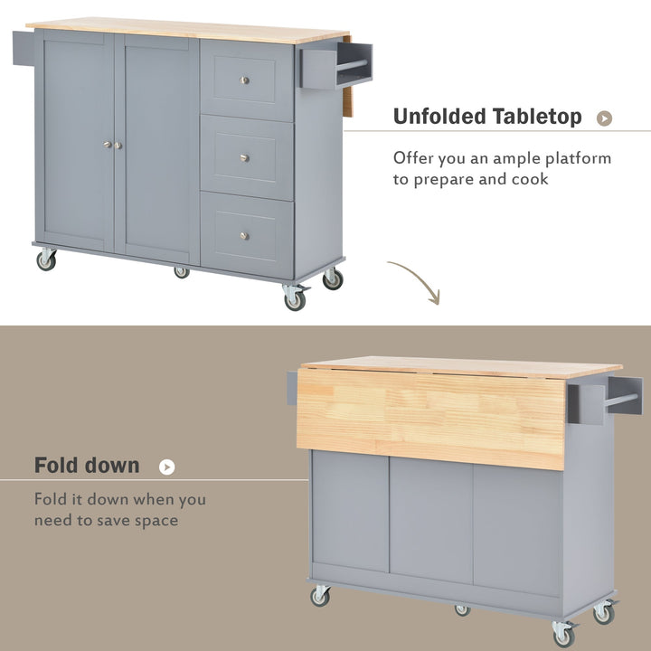 Rolling Mobile Kitchen Island with Solid Wood Top, 52.7 Width, Locking Wheels, Storage Cabinet, Drop Leaf Breakfast Bar Image 7