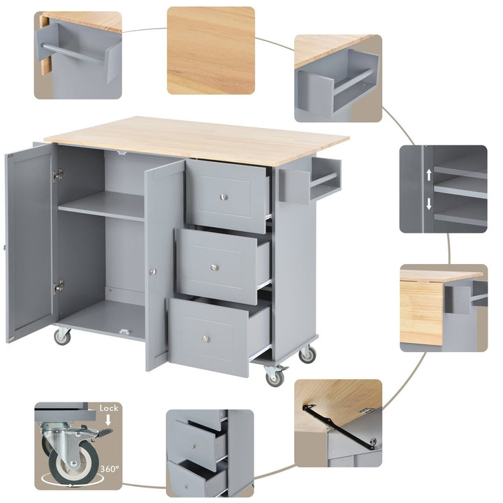 Rolling Mobile Kitchen Island with Solid Wood Top, 52.7 Width, Locking Wheels, Storage Cabinet, Drop Leaf Breakfast Bar Image 10