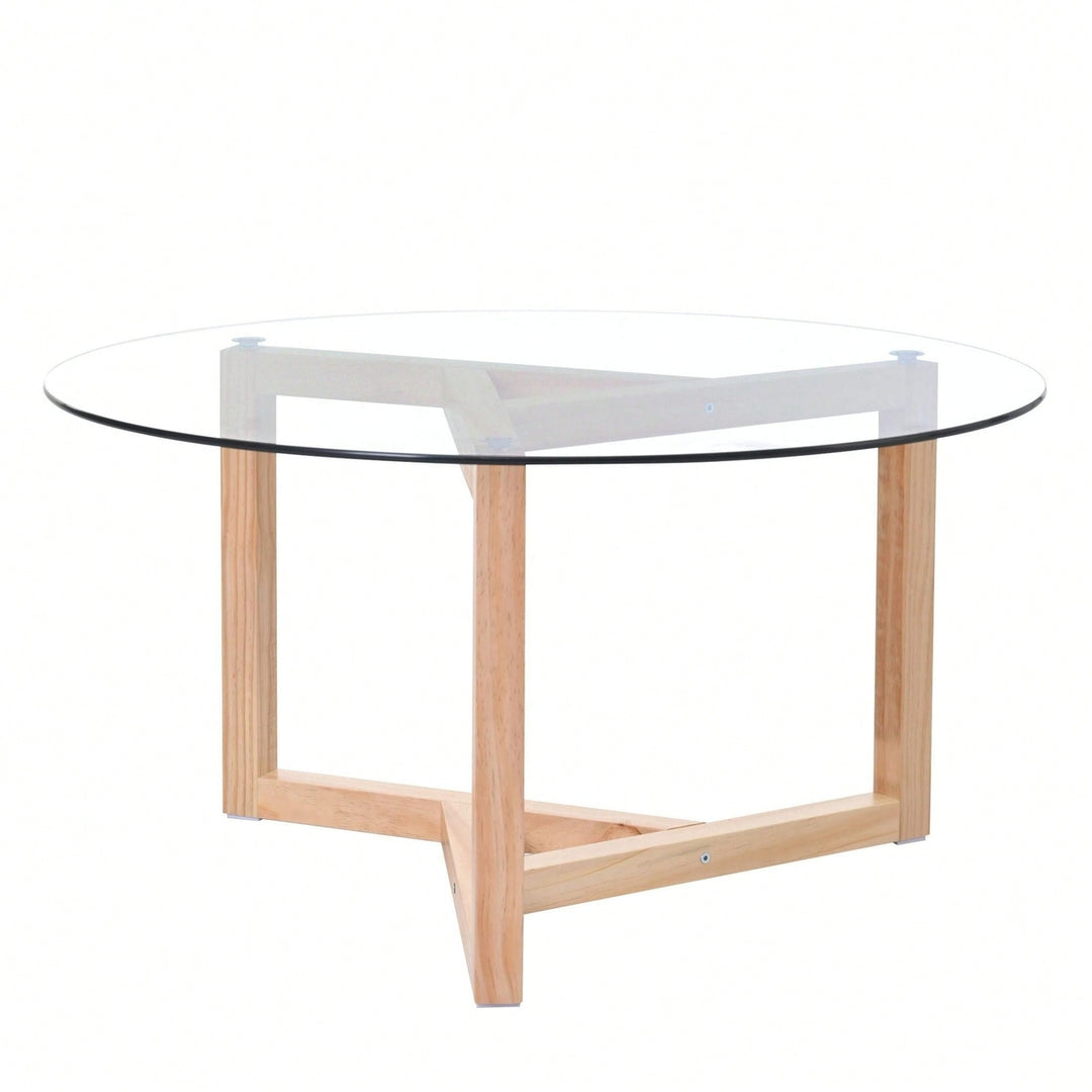 Round Glass Coffee Table Modern Cocktail Table Easy Assembly With Tempered Glass Top and Sturdy Wood Base Image 1