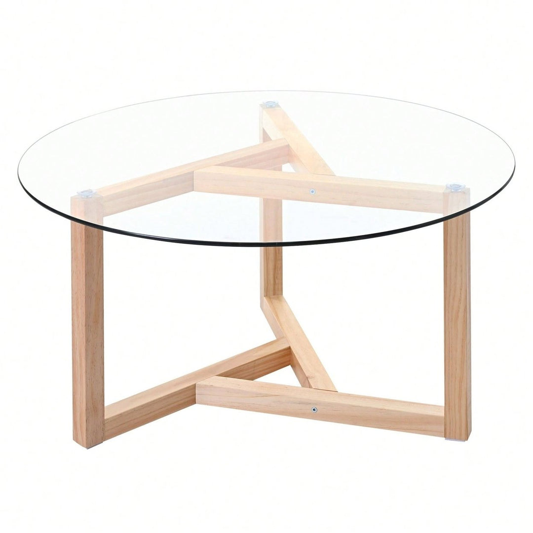 Round Glass Coffee Table Modern Cocktail Table Easy Assembly With Tempered Glass Top and Sturdy Wood Base Image 2