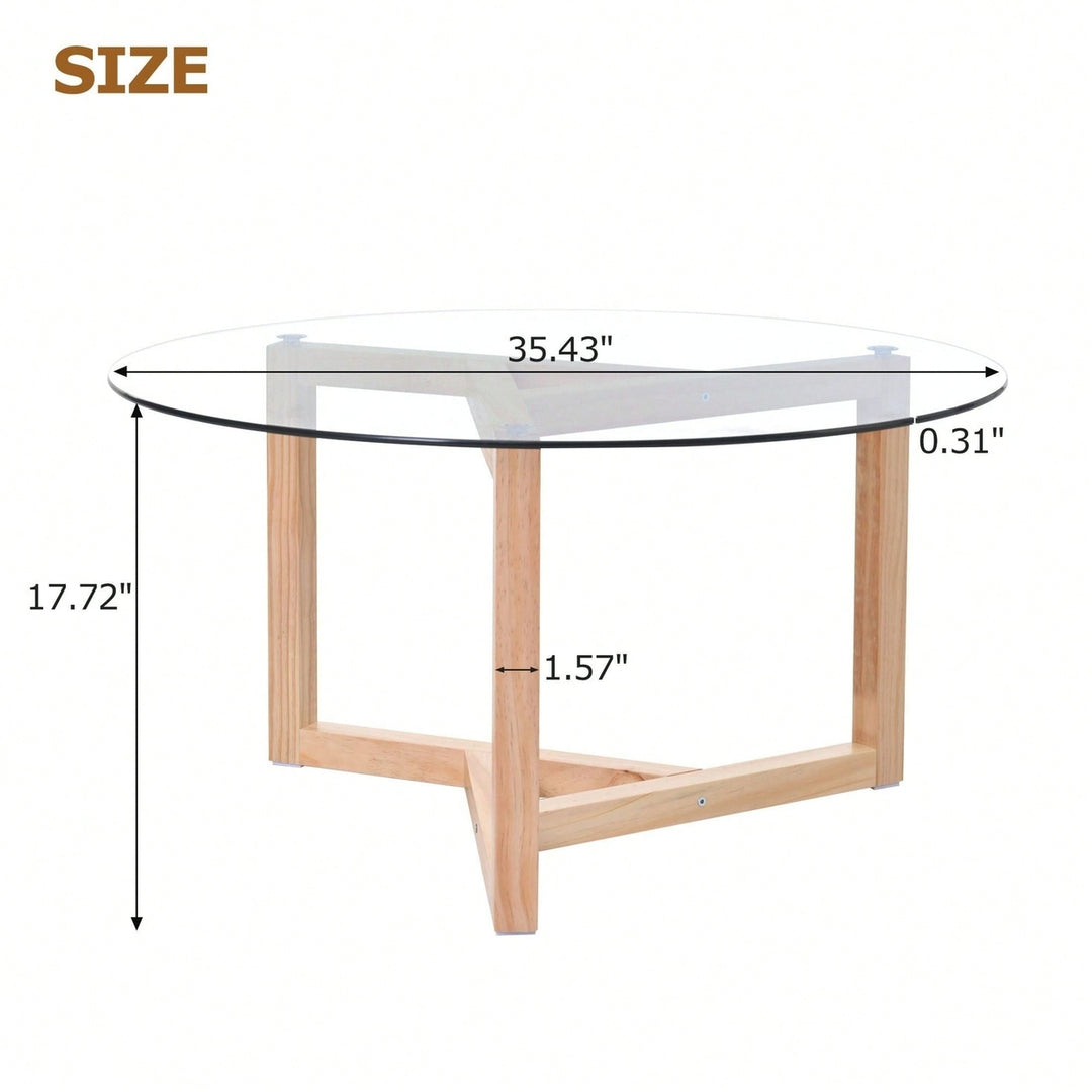 Round Glass Coffee Table Modern Cocktail Table Easy Assembly With Tempered Glass Top and Sturdy Wood Base Image 3