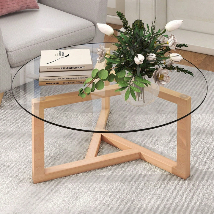 Round Glass Coffee Table Modern Cocktail Table Easy Assembly With Tempered Glass Top and Sturdy Wood Base Image 4