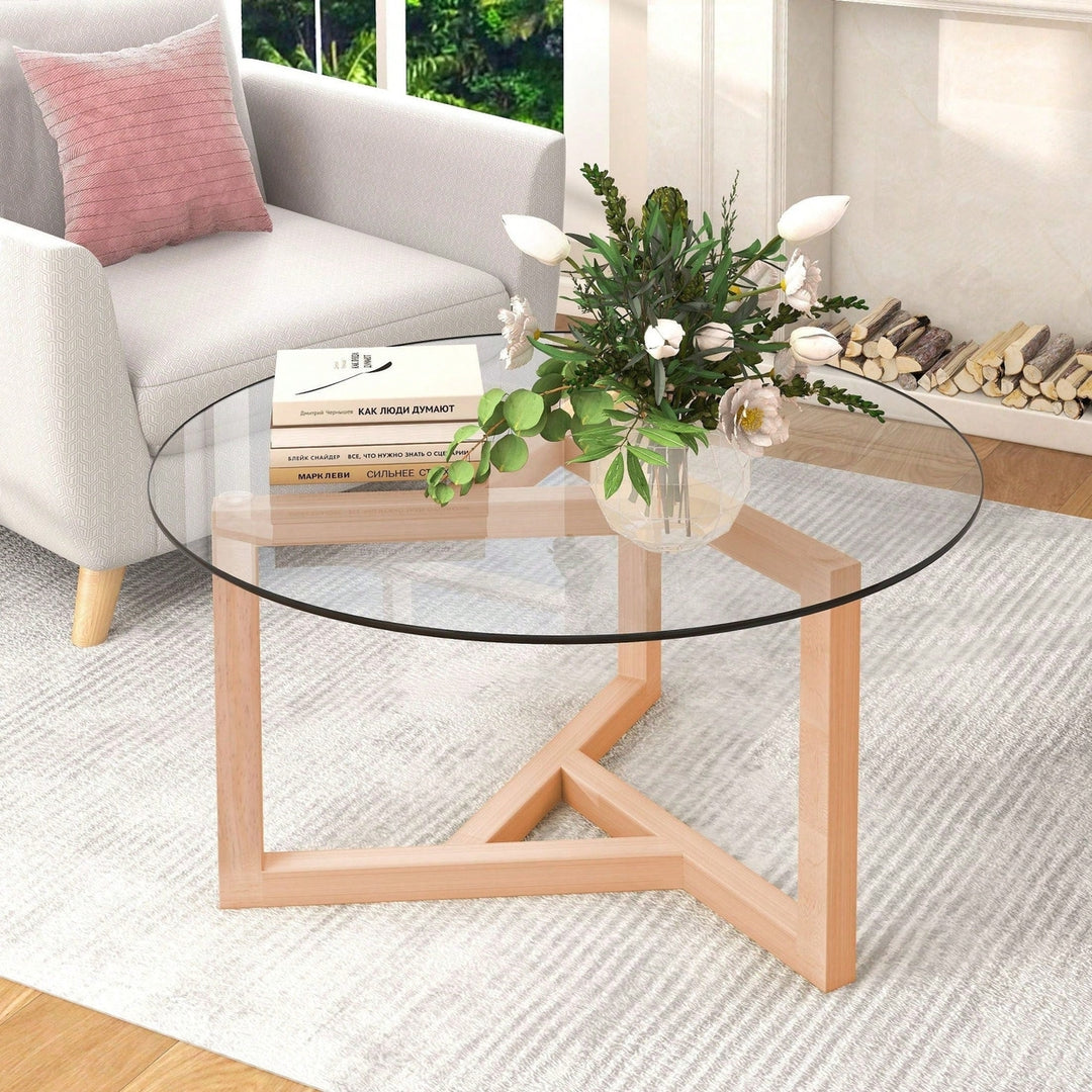 Round Glass Coffee Table Modern Cocktail Table Easy Assembly With Tempered Glass Top and Sturdy Wood Base Image 6