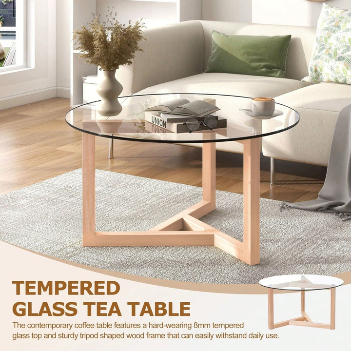 Round Glass Coffee Table Modern Cocktail Table Easy Assembly With Tempered Glass Top and Sturdy Wood Base Image 7