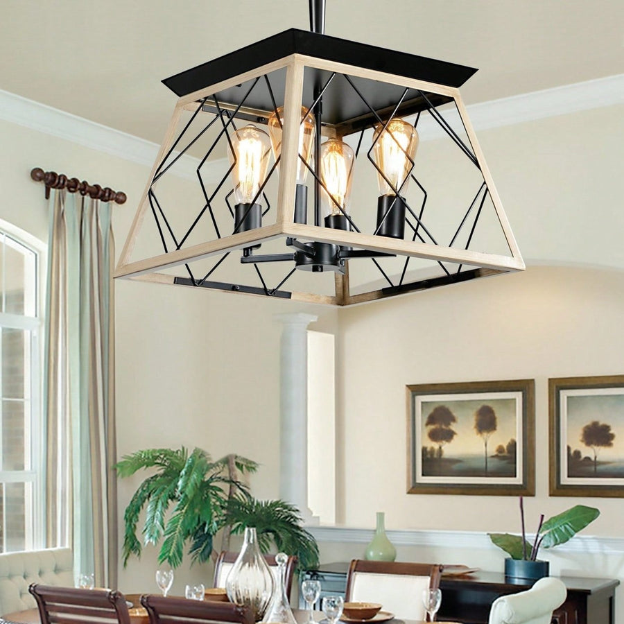 Rustic 4-Light Farmhouse Chandelier Adjustable Pendant Light for Dining Room Kitchen Living Room Garage Image 1