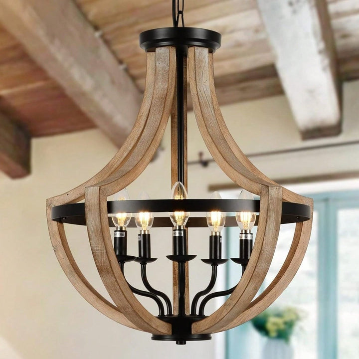 Rustic 5-Light Farmhouse Chandelier Adjustable Solid Wood Fixture for Dining Room Kitchen Bedroom Foyer Brown Image 1