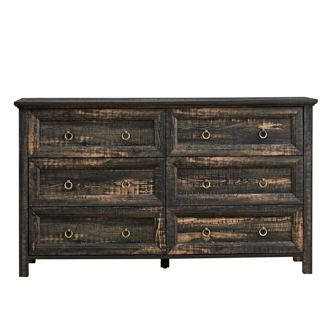 Rustic 6 Drawer Dresser For Bedroom And Living Room, Wide Storage Chest With Barn Door Style, Durable Wood Organizer In Image 1