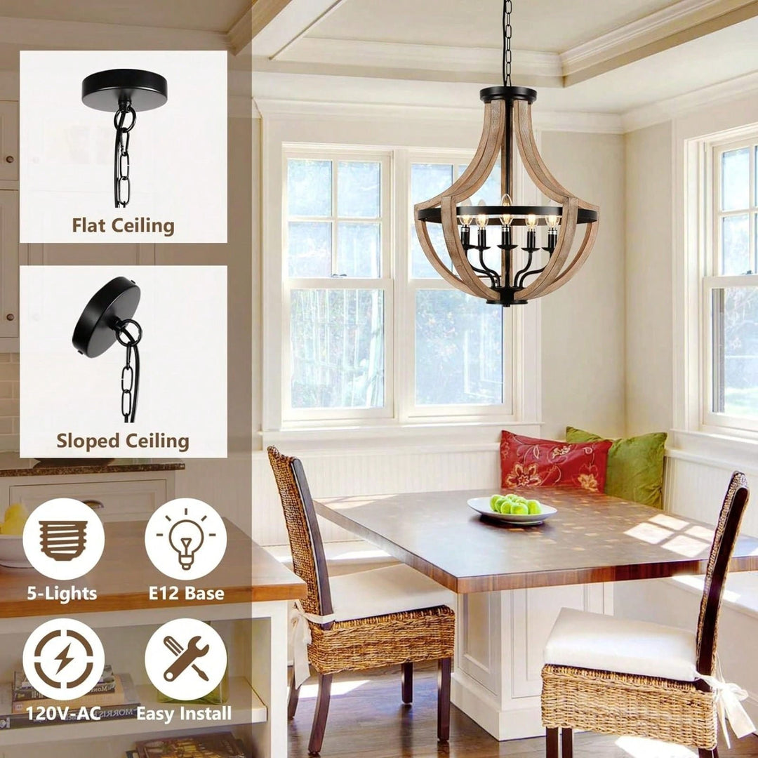 Rustic 5-Light Farmhouse Chandelier Adjustable Solid Wood Fixture for Dining Room Kitchen Bedroom Foyer Brown Image 3