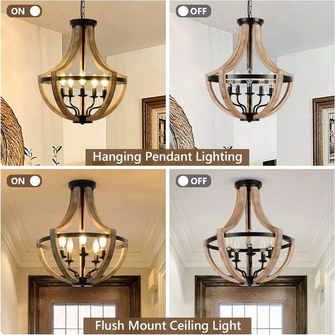 Rustic 5-Light Farmhouse Chandelier Adjustable Solid Wood Fixture for Dining Room Kitchen Bedroom Foyer Brown Image 4