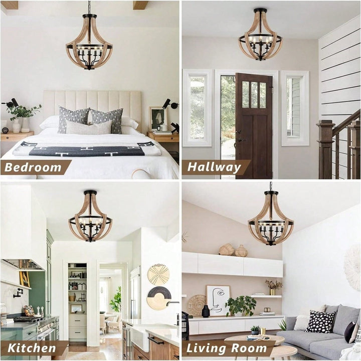 Rustic 5-Light Farmhouse Chandelier Adjustable Solid Wood Fixture for Dining Room Kitchen Bedroom Foyer Brown Image 6