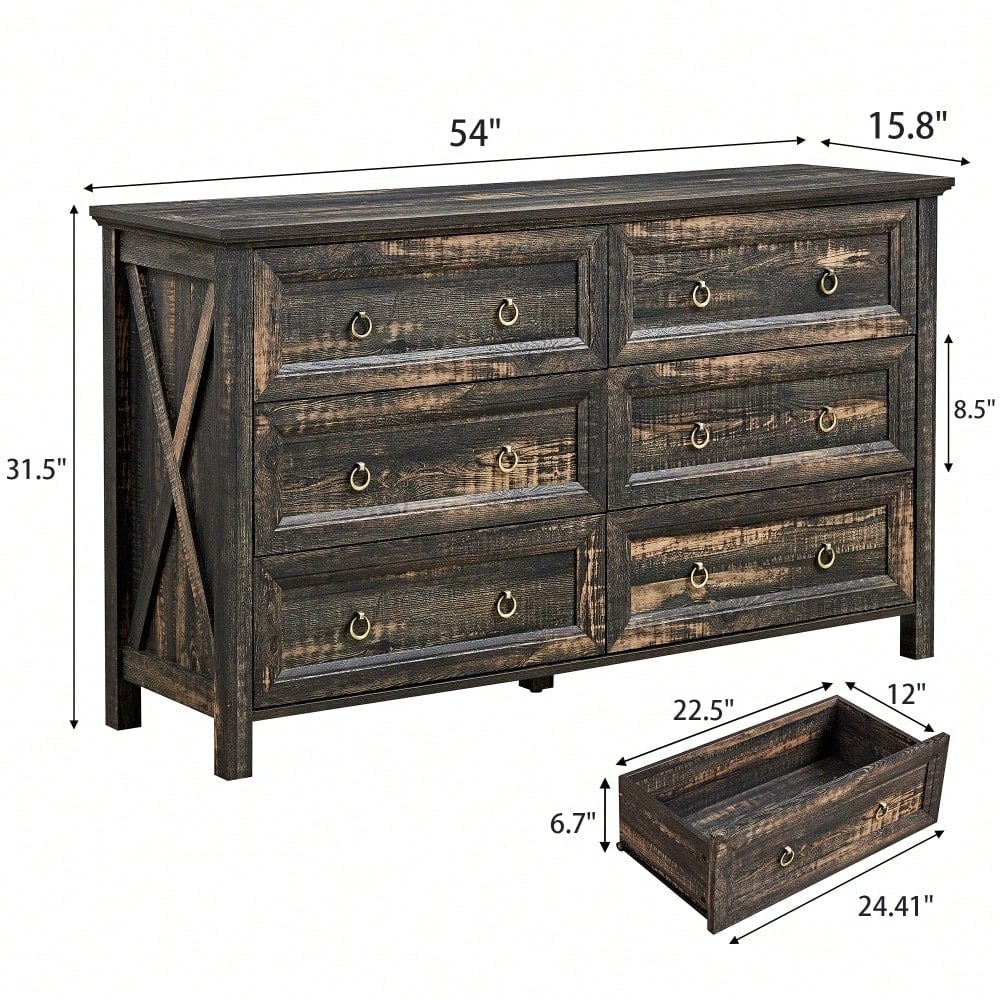 Rustic 6 Drawer Dresser For Bedroom And Living Room, Wide Storage Chest With Barn Door Style, Durable Wood Organizer In Image 5