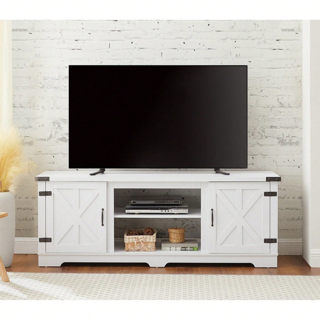 Rustic 70 Inch Modern Farmhouse TV Stand with Open Shelves and Adjustable Storage in White Image 2