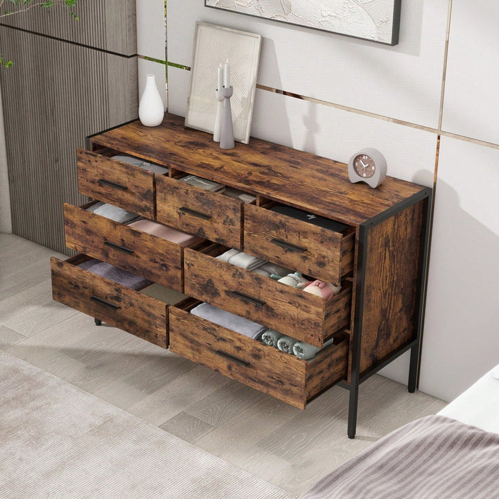 Rustic 7 Drawer Wood Dresser with Steel Frame 48 Inch Closet Organizer for Clothes and Accessories Image 3