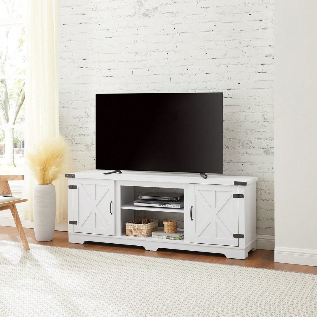 Rustic 70 Inch Modern Farmhouse TV Stand with Open Shelves and Adjustable Storage in White Image 4