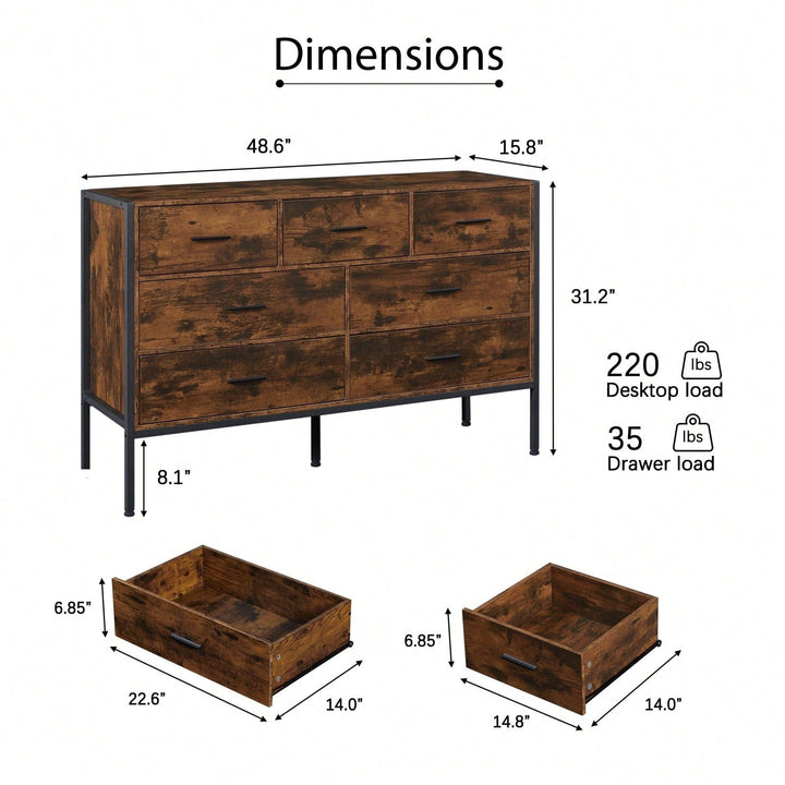 Rustic 7 Drawer Wood Dresser with Steel Frame 48 Inch Closet Organizer for Clothes and Accessories Image 4