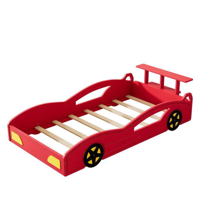 Race Car Twin Bed With Wheels For Teens In Red And Yellow Image 1