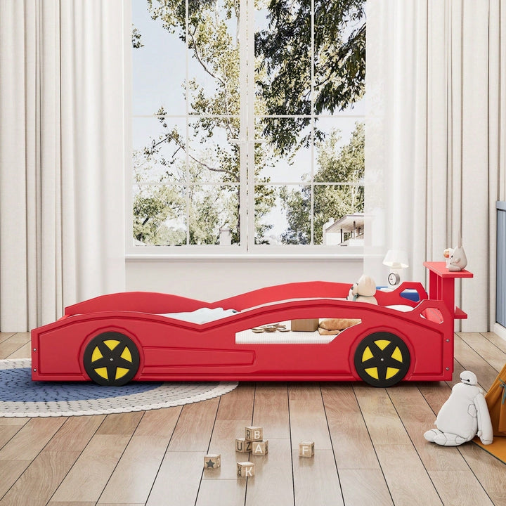 Race Car Twin Bed With Wheels For Teens In Red And Yellow Image 7