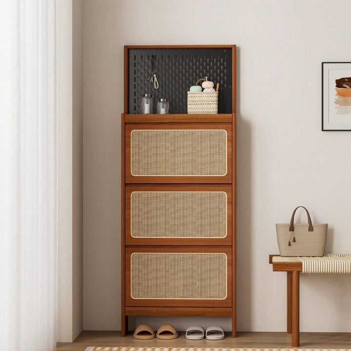 Rattan Shoe Cabinet With 3 Flip Drawers and Pegboard - Narrow Entryway Shoe Storage Organizer, Hidden Storage, 24.88" Image 1