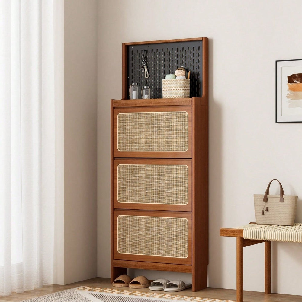 Rattan Shoe Cabinet With 3 Flip Drawers and Pegboard - Narrow Entryway Shoe Storage Organizer, Hidden Storage, 24.88" Image 2