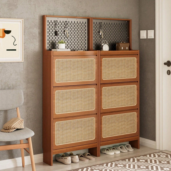 Rattan Shoe Cabinet With 3 Flip Drawers and Pegboard - Narrow Entryway Shoe Storage Organizer, Hidden Storage, 24.88" Image 3