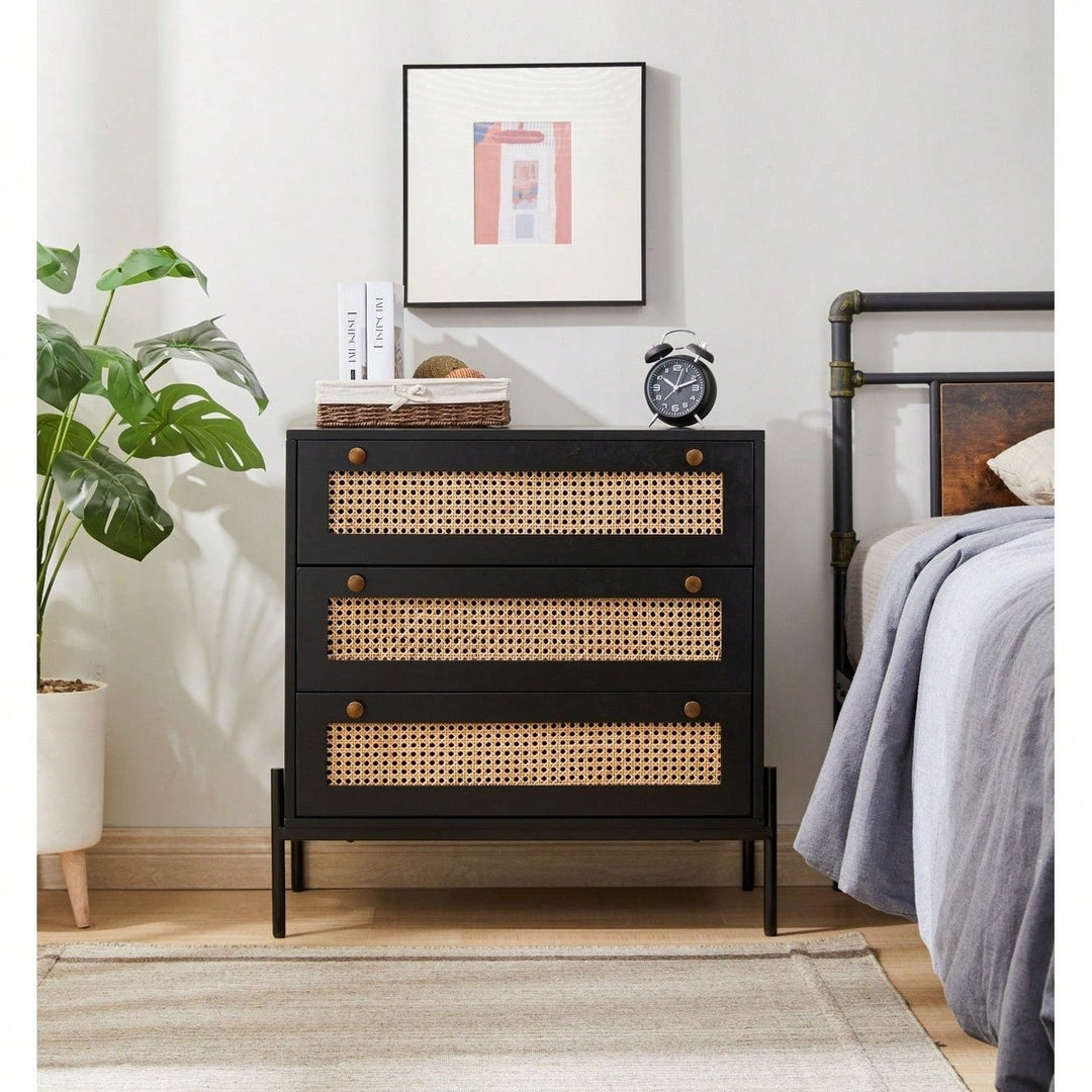 Rattan Storage Cabinet With 3 Large Drawers Boho Mid-Century Nightstand Dresser Sideboard Buffet For Living Room Dining Image 1