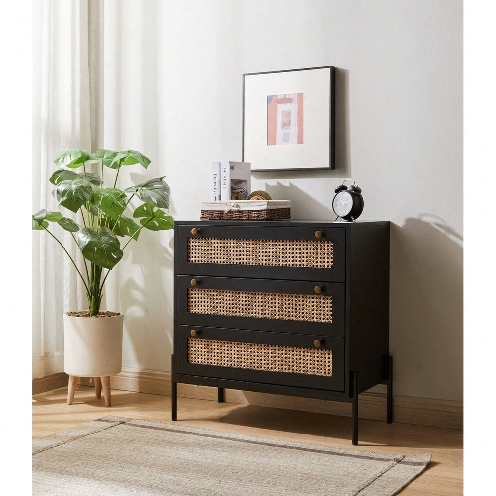 Rattan Storage Cabinet With 3 Large Drawers Boho Mid-Century Nightstand Dresser Sideboard Buffet For Living Room Dining Image 2