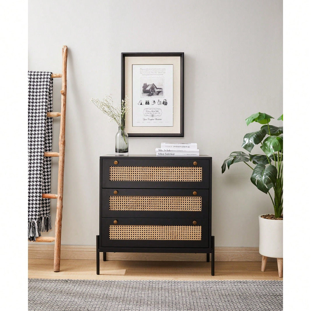 Rattan Storage Cabinet With 3 Large Drawers Boho Mid-Century Nightstand Dresser Sideboard Buffet For Living Room Dining Image 3