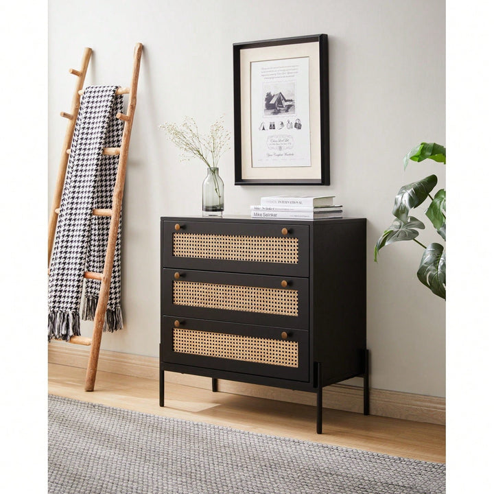 Rattan Storage Cabinet With 3 Large Drawers Boho Mid-Century Nightstand Dresser Sideboard Buffet For Living Room Dining Image 4