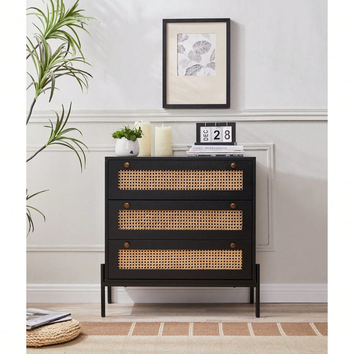 Rattan Storage Cabinet With 3 Large Drawers Boho Mid-Century Nightstand Dresser Sideboard Buffet For Living Room Dining Image 8