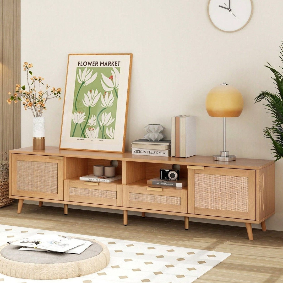 Rattan TV Stand For TVs Up To 85, Modern Farmhouse Media Console, Entertainment Center With Solid Wood Legs, TV Cabinet Image 3