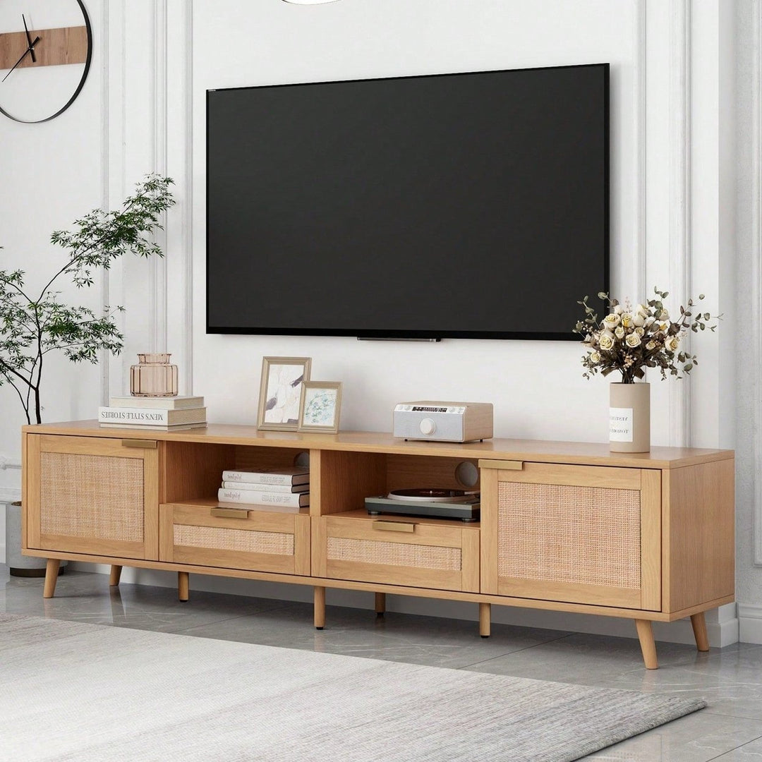 Rattan TV Stand For TVs Up To 85, Modern Farmhouse Media Console, Entertainment Center With Solid Wood Legs, TV Cabinet Image 4