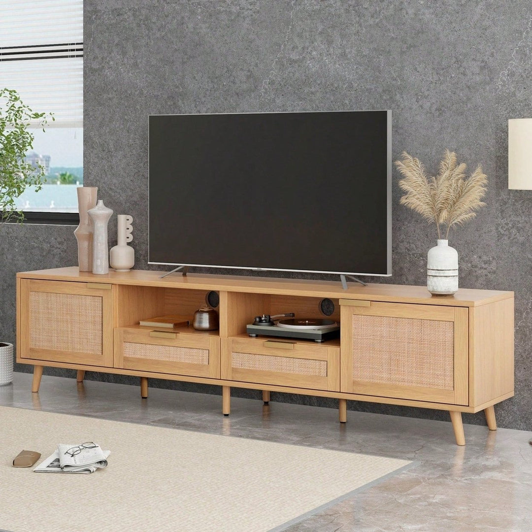 Rattan TV Stand For TVs Up To 85, Modern Farmhouse Media Console, Entertainment Center With Solid Wood Legs, TV Cabinet Image 5