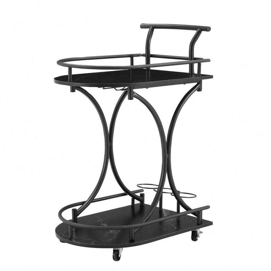 Retro 2-Tier Rolling Bar Cart with Wine Rack and Glass Holder for Kitchen and Living Room Image 1