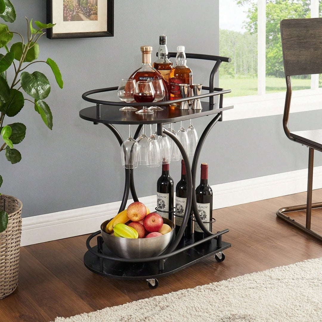 Retro 2-Tier Rolling Bar Cart with Wine Rack and Glass Holder for Kitchen and Living Room Image 2