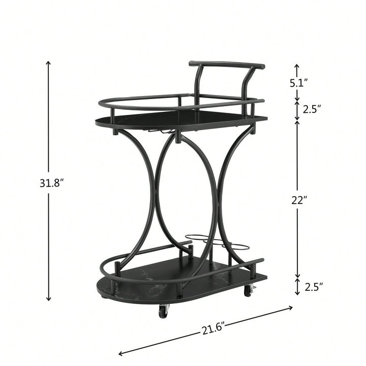 Retro 2-Tier Rolling Bar Cart with Wine Rack and Glass Holder for Kitchen and Living Room Image 5