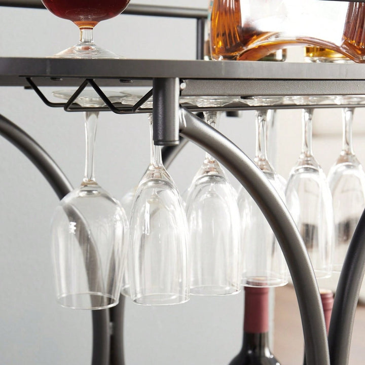 Retro 2-Tier Rolling Bar Cart with Wine Rack and Glass Holder for Kitchen and Living Room Image 6